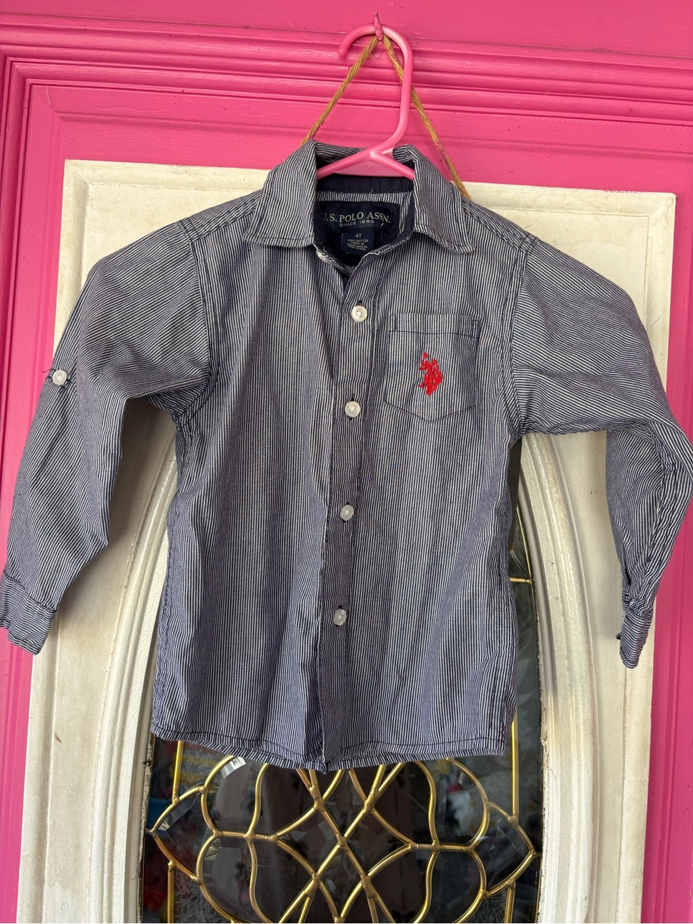 U.S. Polo Assn. Boys' Blue Pinstripe Button-Down Shirt with Red Logo